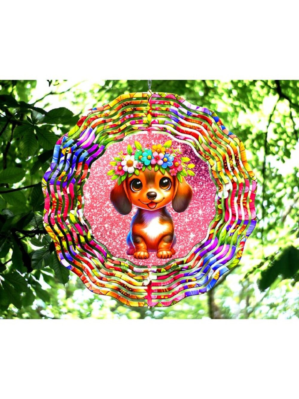 10" Colorful Dachshund Puppy Dog Flowers Hanging Wind Spinner Yard Decor RWS229